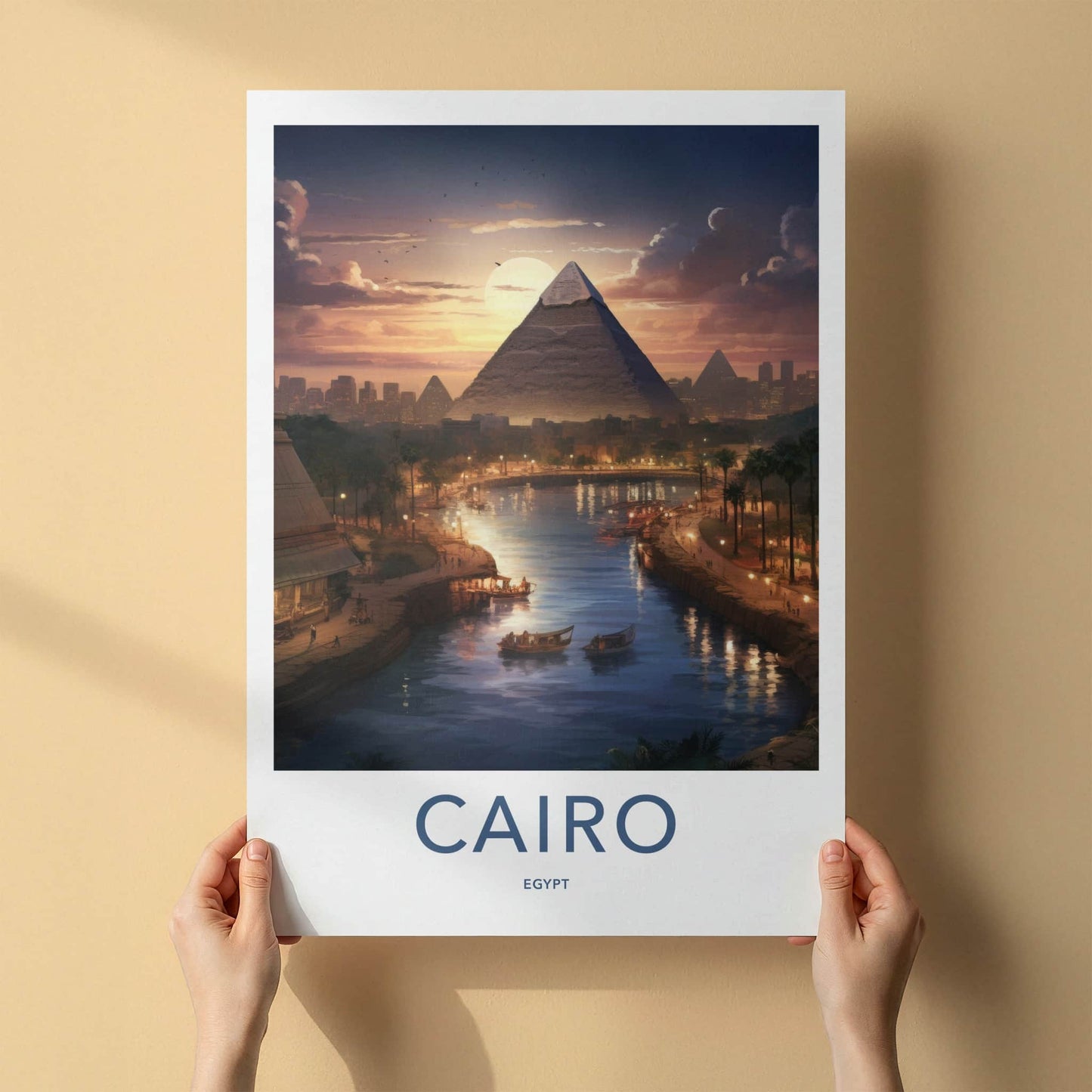 Cairo Poster - Egypt Travel Art - Pyramid River Sunset Home Decor