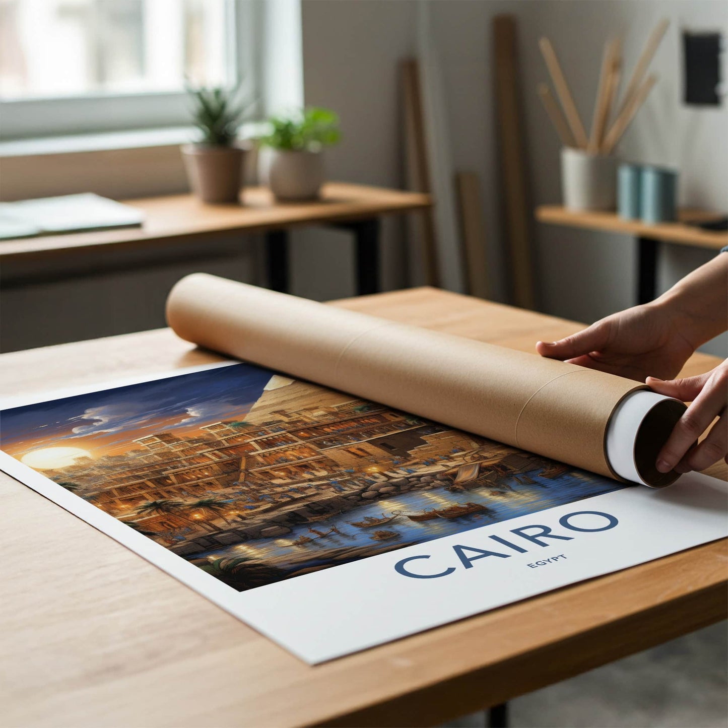 Cairo Poster - Egypt Travel Art - Pyramid Riverbank Evening Home Decor