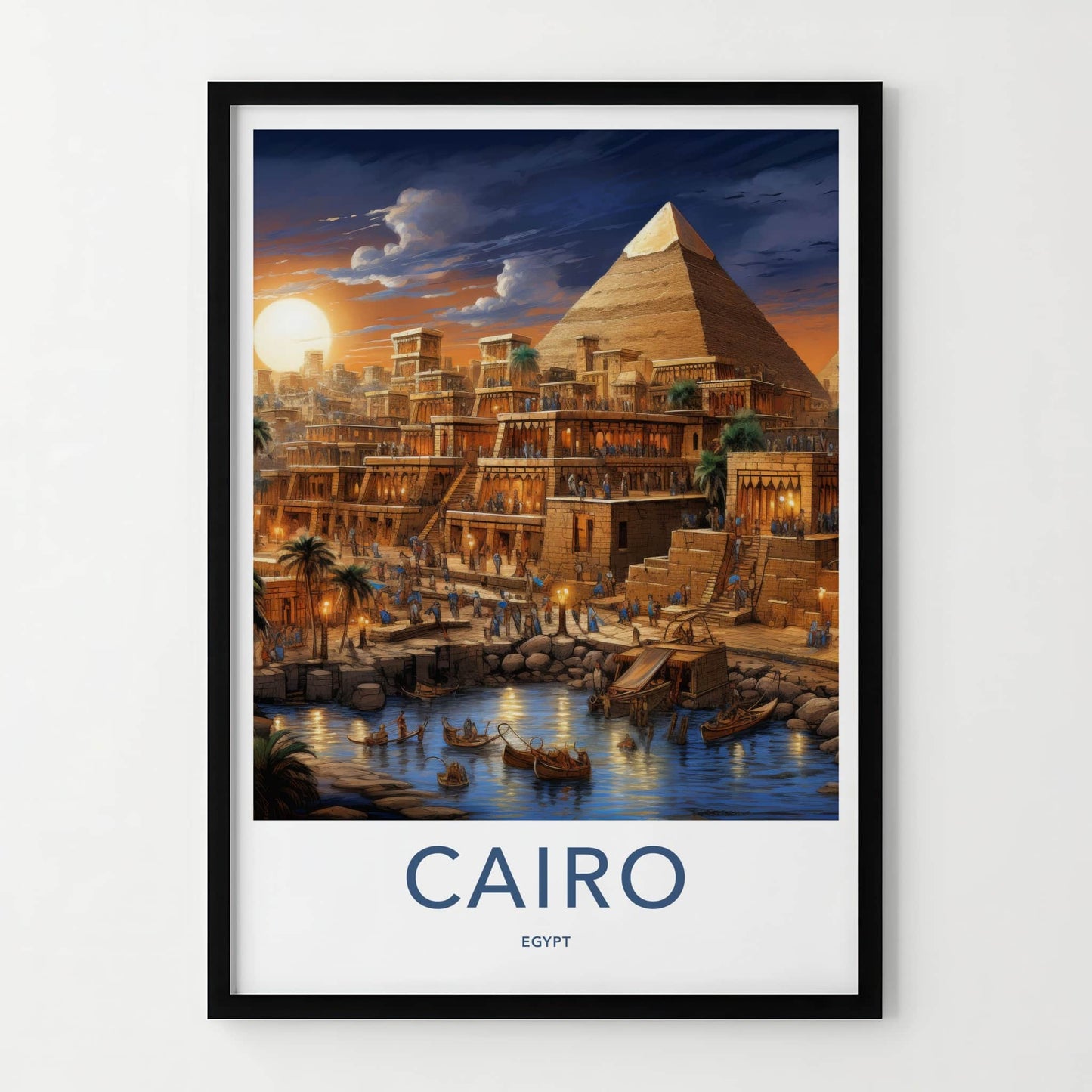 Cairo Poster - Egypt Travel Art - Pyramid Riverbank Evening Home Decor