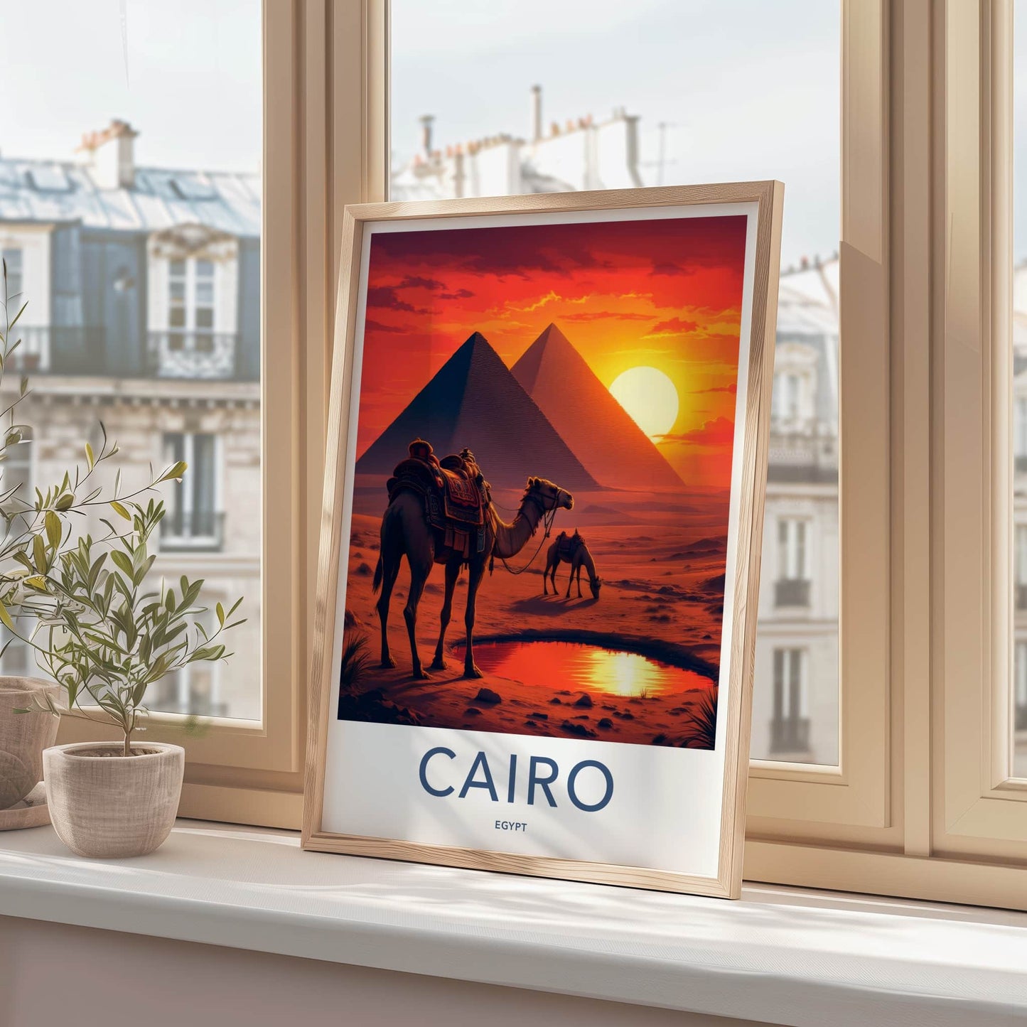 Cairo Poster - Egypt Travel Art - Pyramids Camel Oasis Home Decor