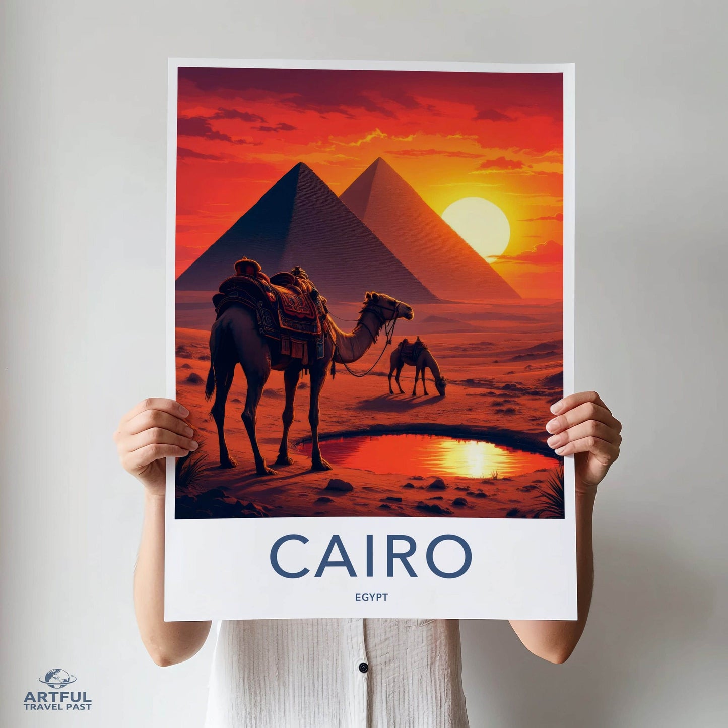 Cairo Poster - Egypt Travel Art - Pyramids Camel Oasis Home Decor