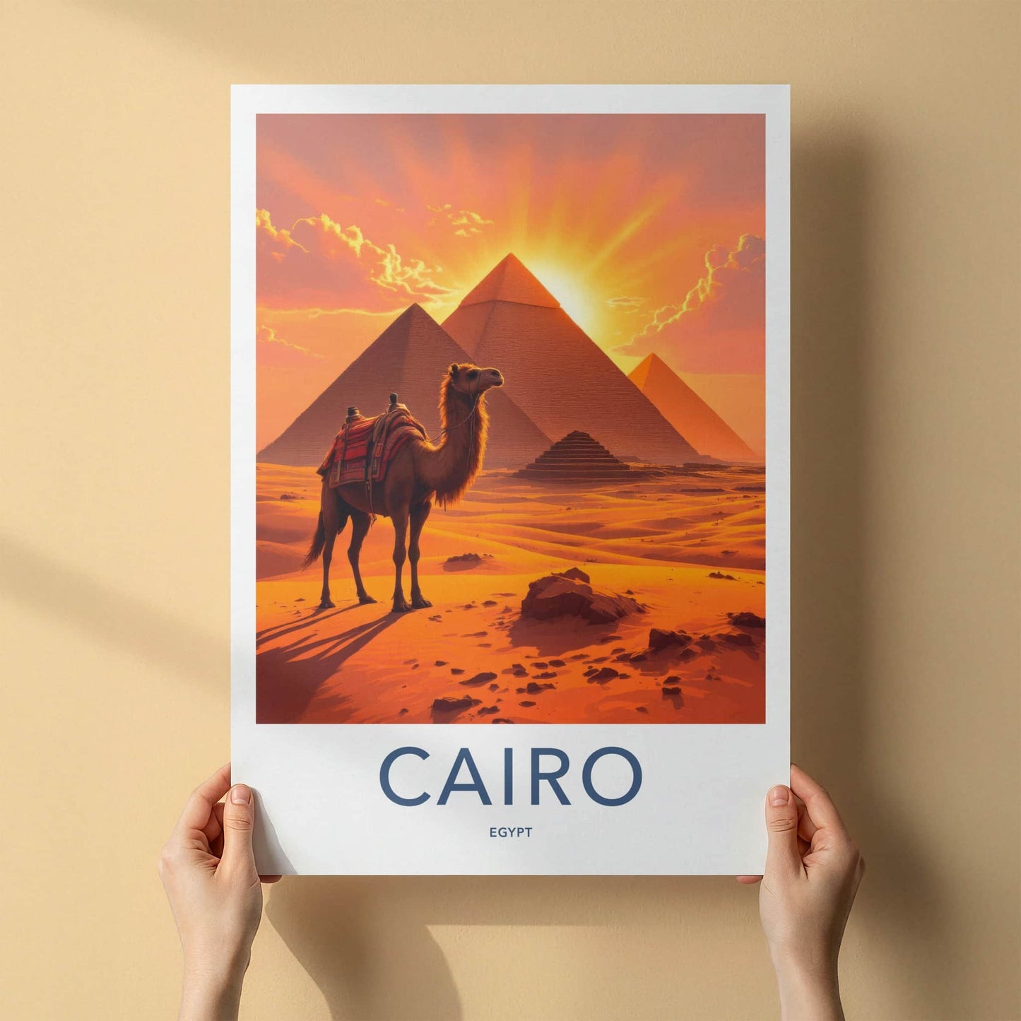 Cairo Poster - Egypt Travel Art - Pyramids Camel Sunset Home Decor