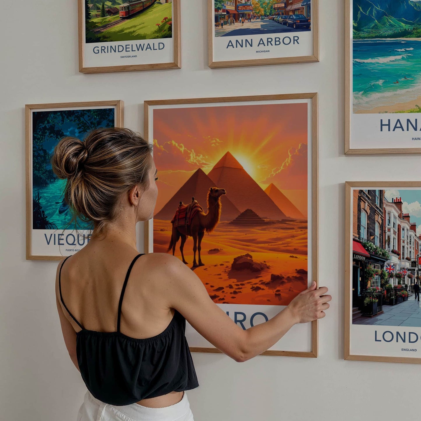 Cairo Poster - Egypt Travel Art - Pyramids Camel Sunset Home Decor