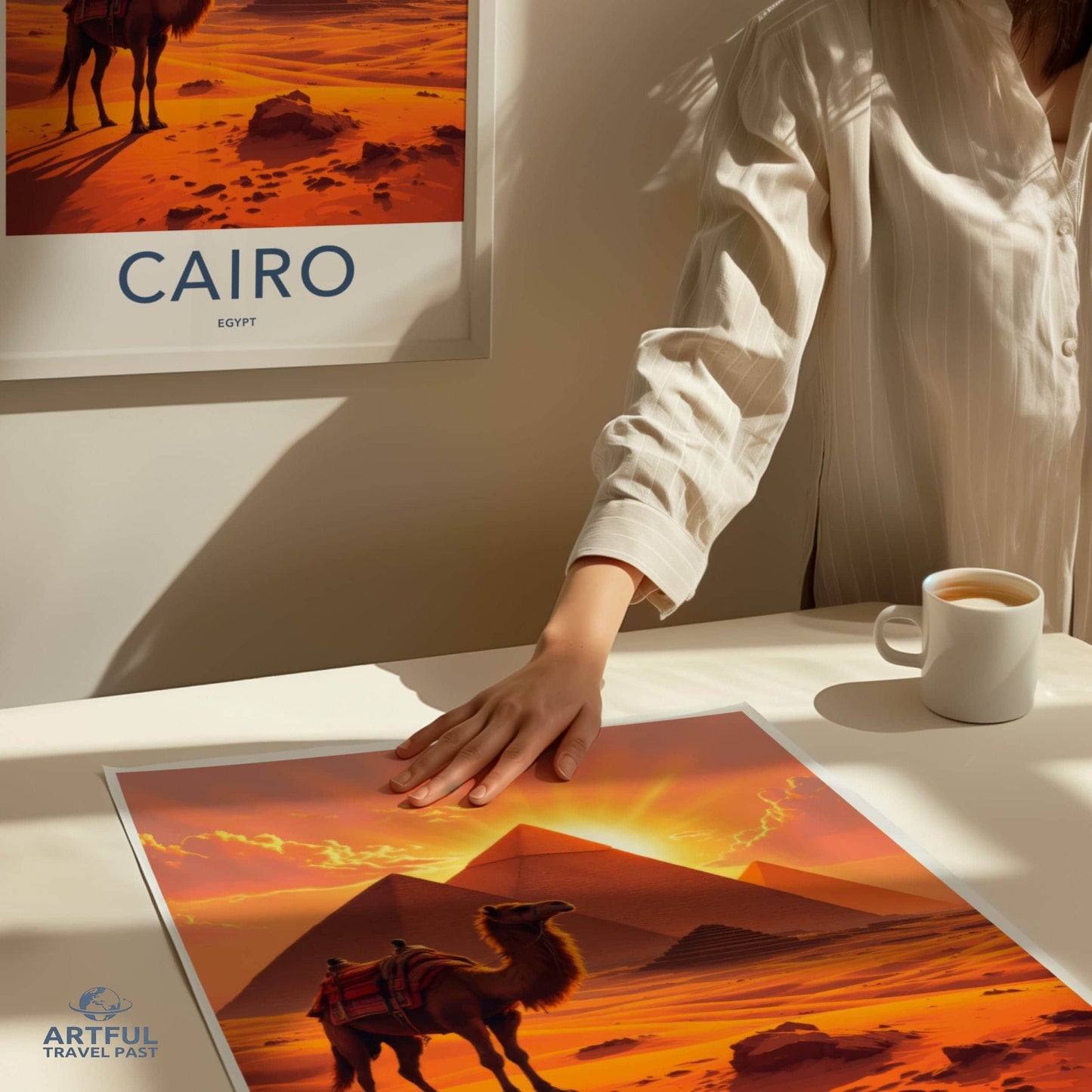 Cairo Poster - Egypt Travel Art - Pyramids Camel Sunset Home Decor
