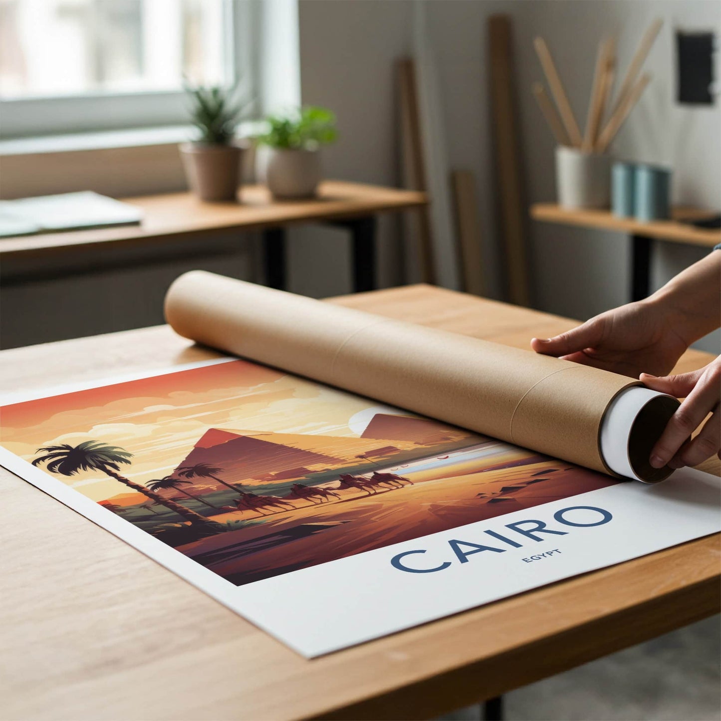 Cairo Poster - Egypt Travel Art - Pyramids Sunset Camels Wall Decor