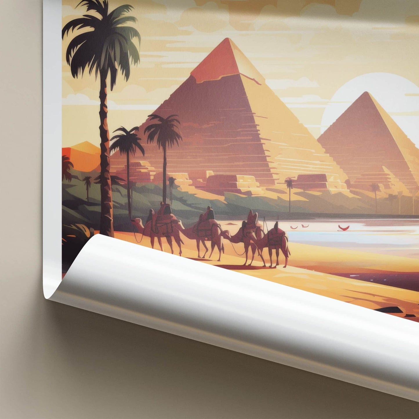 Cairo Poster - Egypt Travel Art - Pyramids Sunset Camels Wall Decor