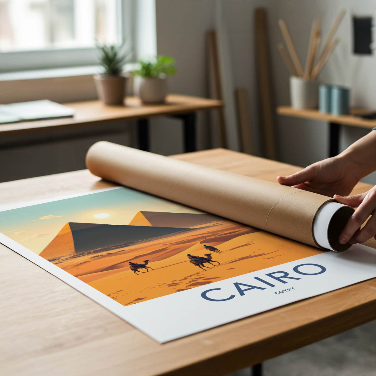Cairo Poster - Egypt Travel Art - Sunlit Desert Pyramids Home Decor