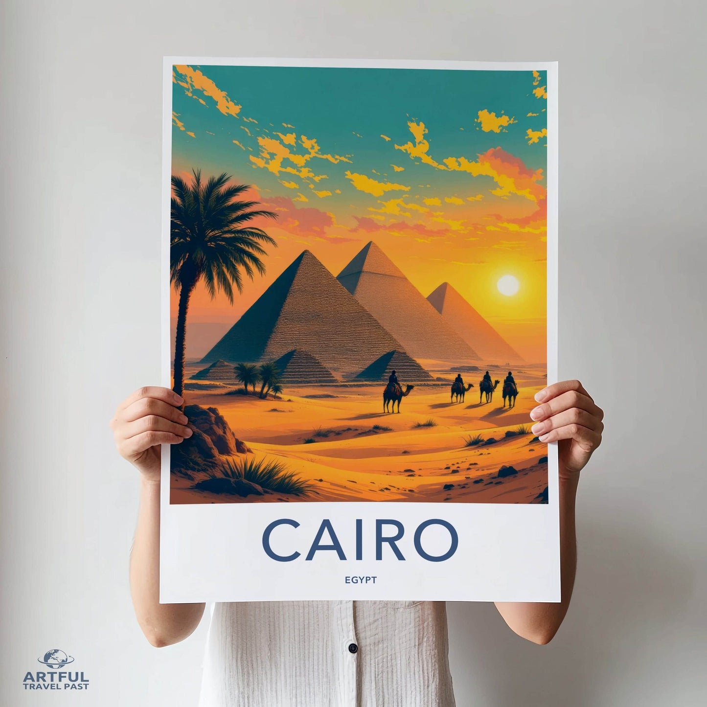 Cairo Poster - Egypt Travel Art - Sunset Desert Pyramids Home Decor