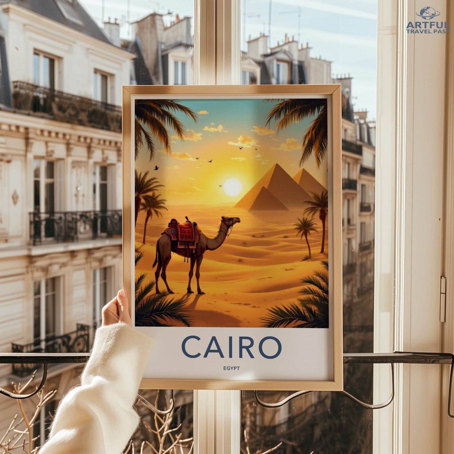 Cairo Poster - Egypt Travel Print - Desert Pyramids Camel Home Decor