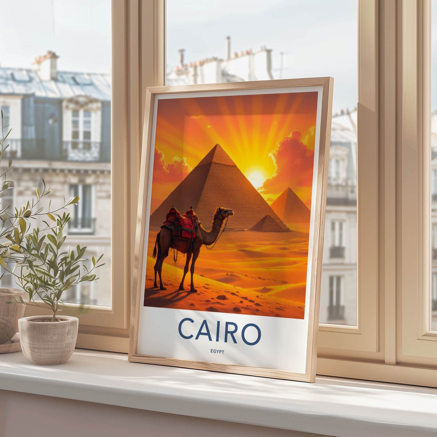 Cairo Poster - Egypt Travel Print - Sunset Desert Camel Lounge Decor