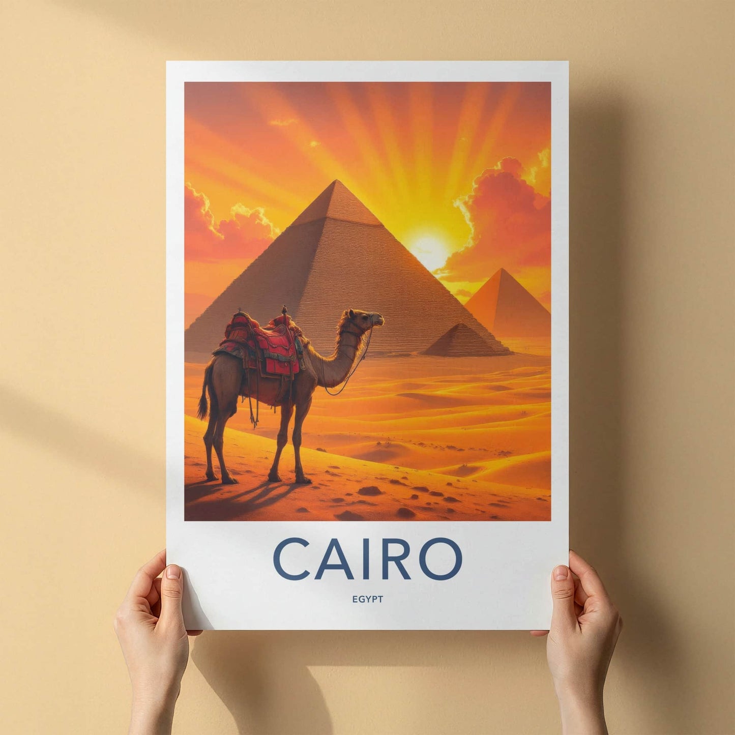 Cairo Poster - Egypt Travel Print - Sunset Desert Camel Lounge Decor