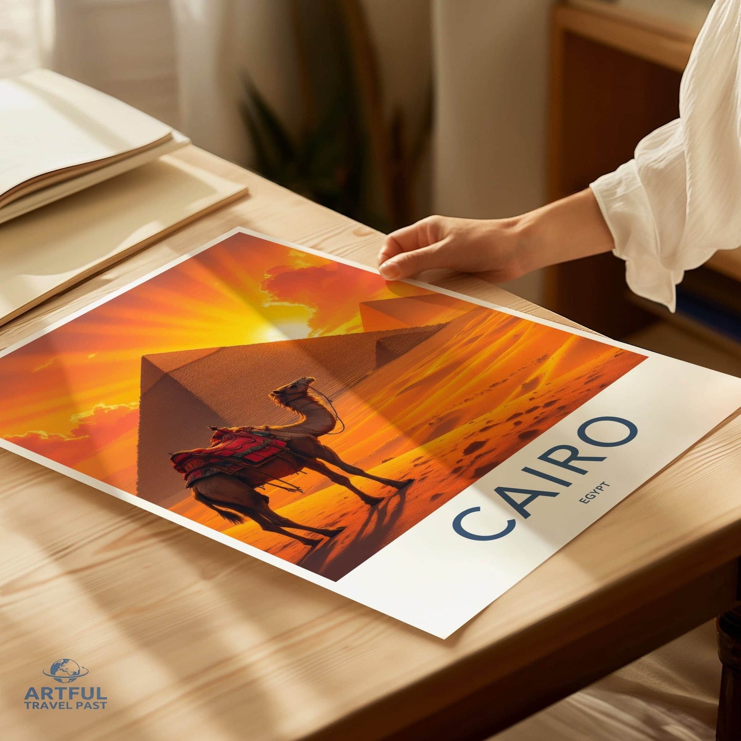 Cairo Poster - Egypt Travel Print - Sunset Desert Camel Lounge Decor