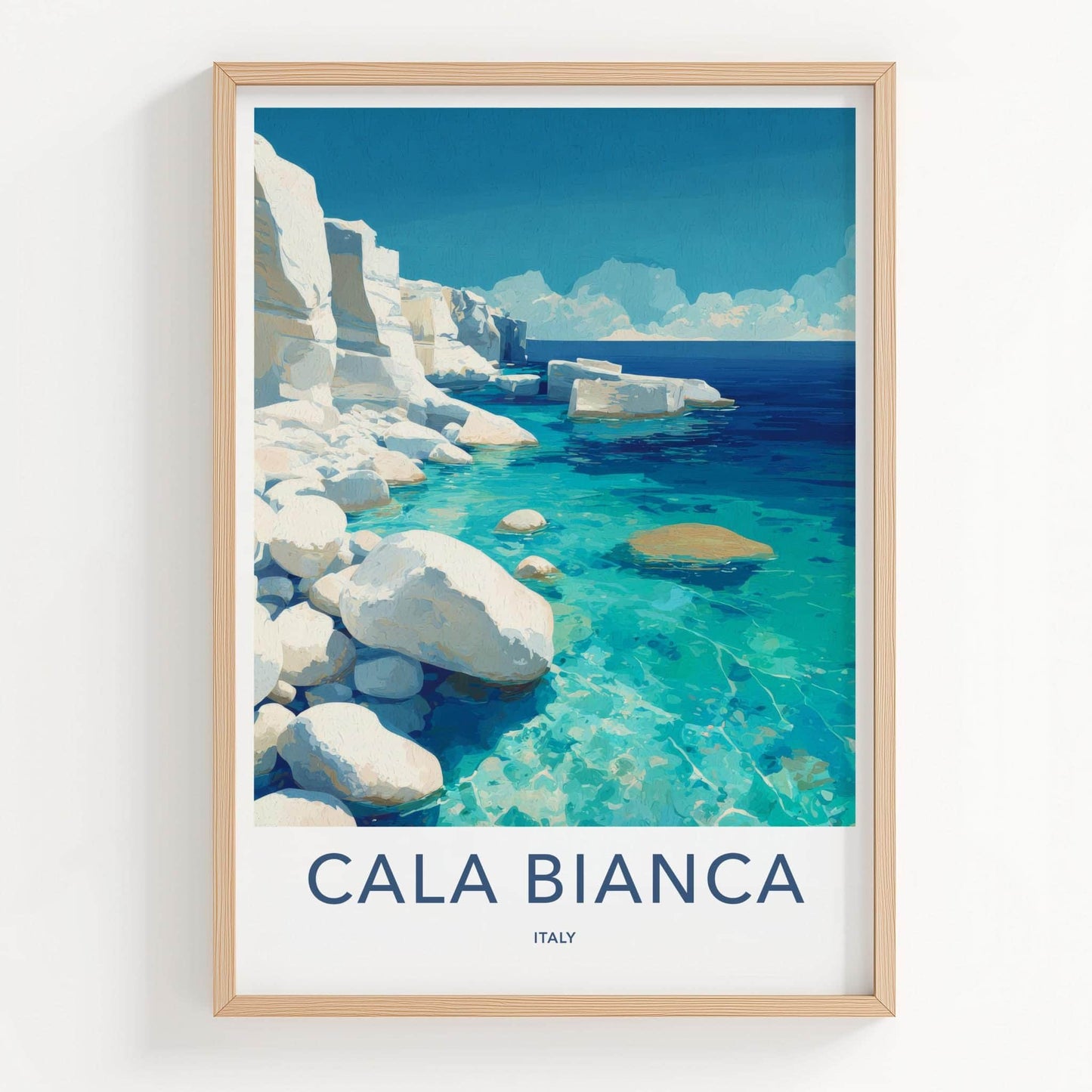 Cala Bianca Poster - Italy Travel Art - White Cliffs Azure Home Decor