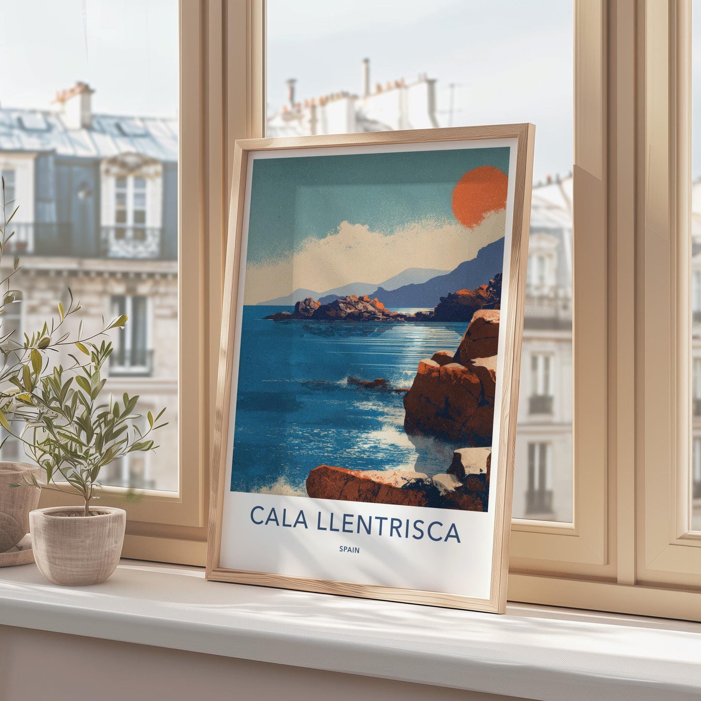 Cala Llentrisca Poster - Spain Travel Art - Orange Sun Seascape Wall Decor