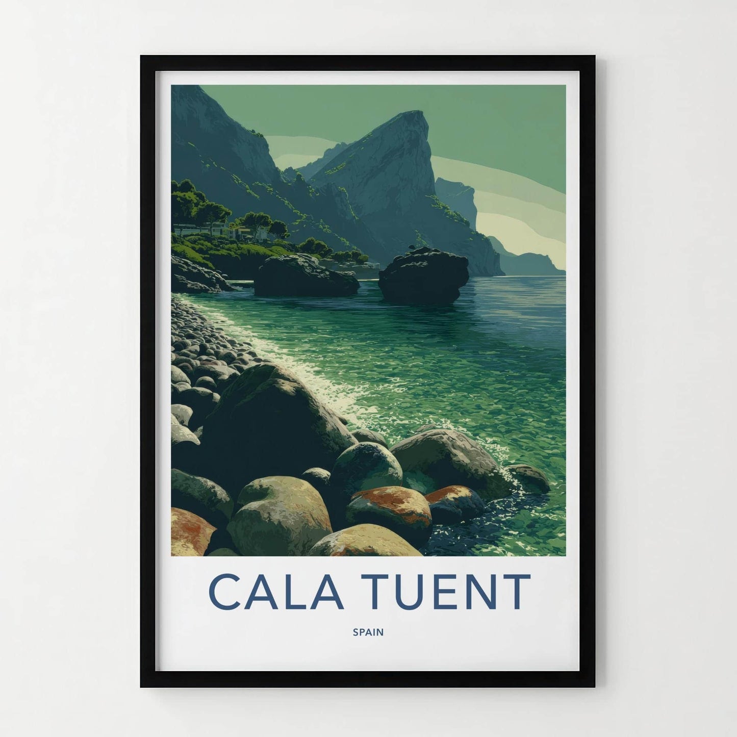 Cala Tuent Poster - Spain Travel Print - Secluded Rocky Beach Home Decor