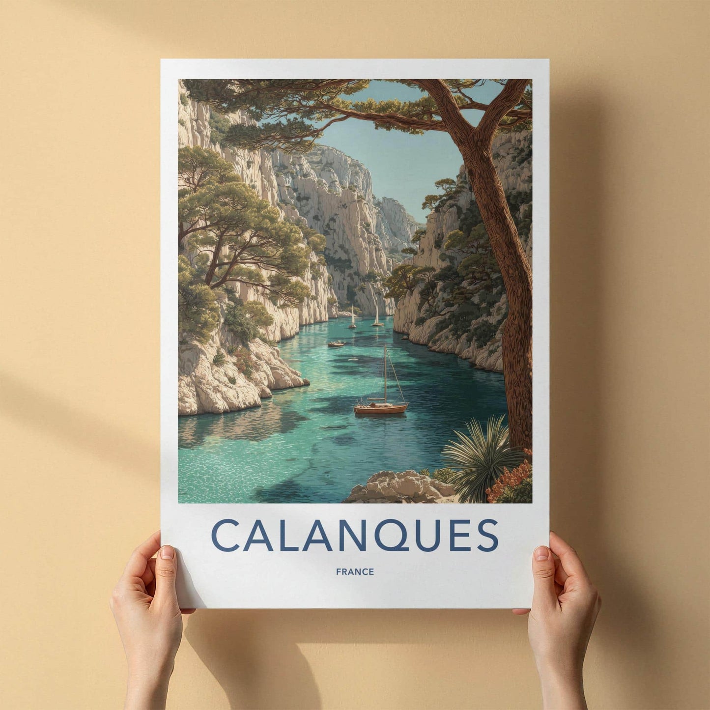 Calanques Poster - France Travel Art - Turquoise cove boats Wall Decor