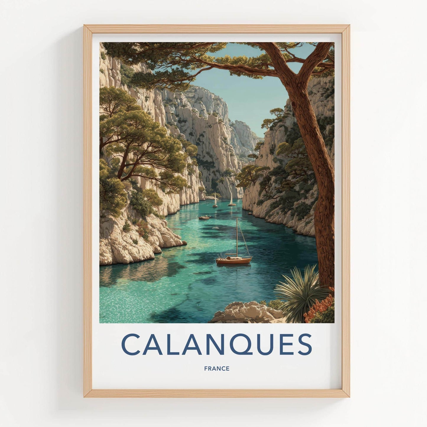 Calanques Poster - France Travel Art - Turquoise cove boats Wall Decor