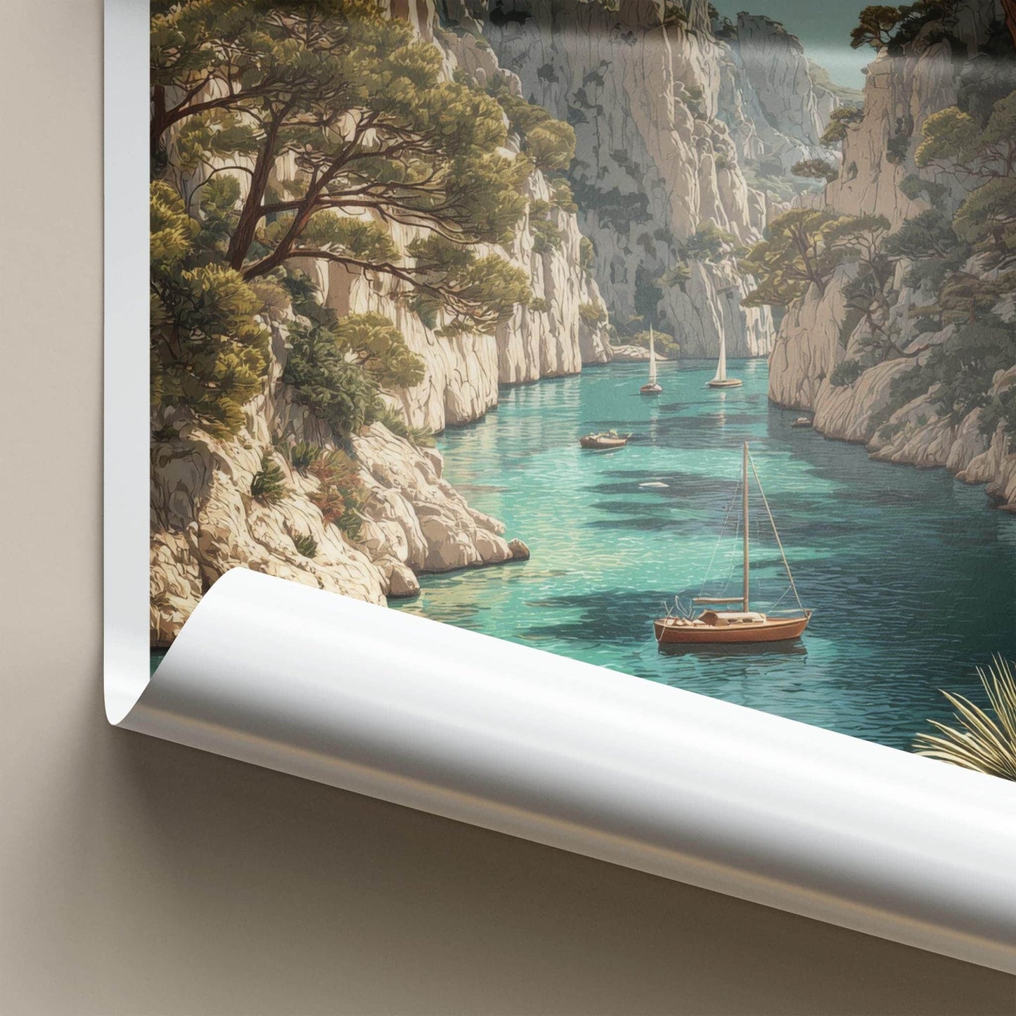 Calanques Poster - France Travel Art - Turquoise cove boats Wall Decor