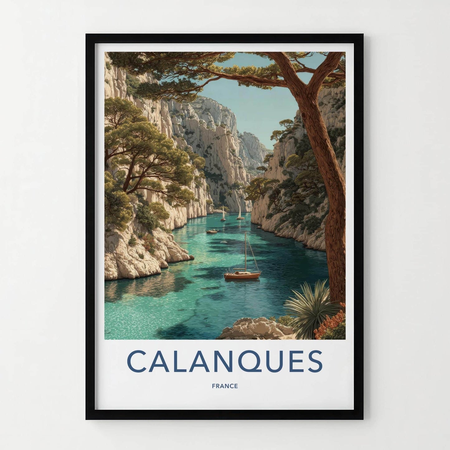 Calanques Poster - France Travel Art - Turquoise cove boats Wall Decor