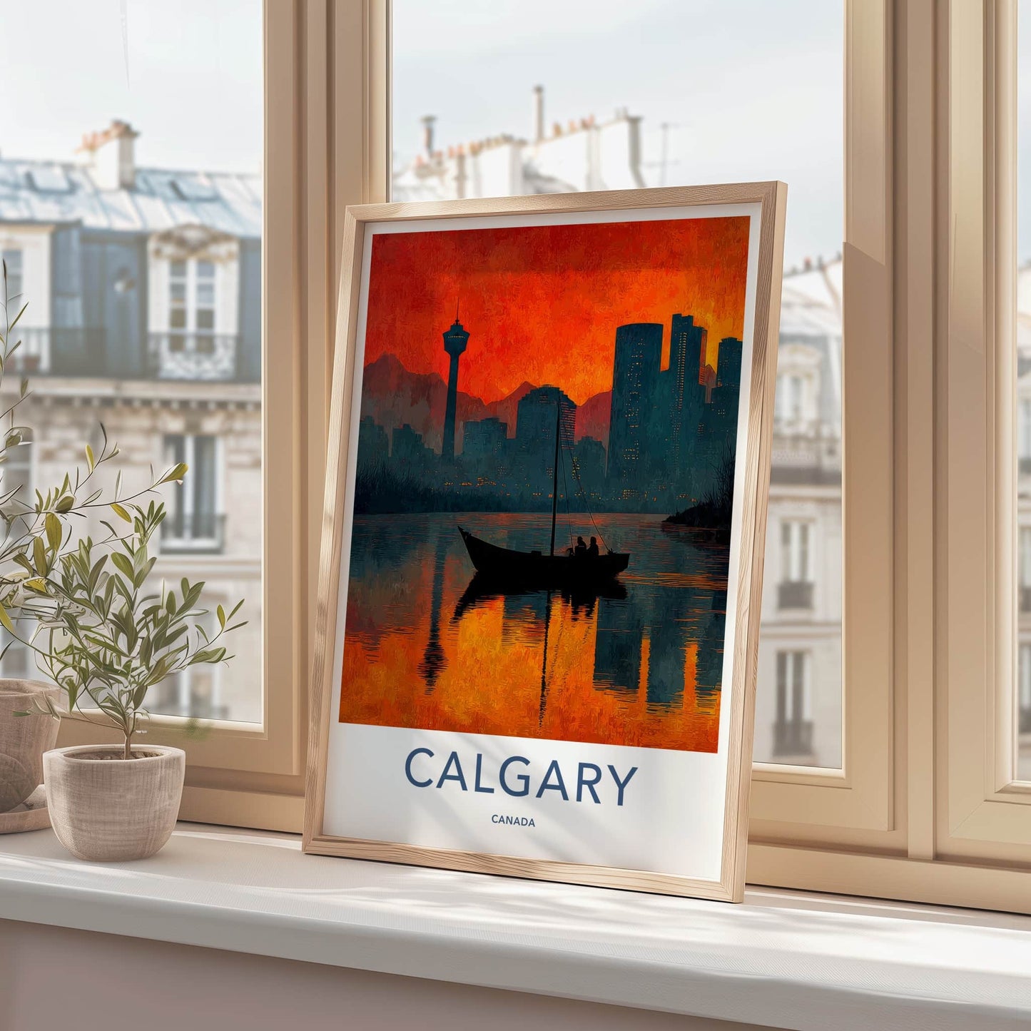 Calgary Poster - Canada Travel Art - Fiery Cityscape Boat Home Decor