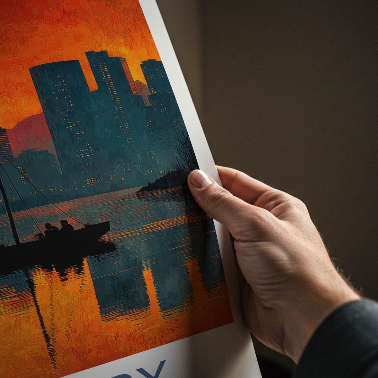 Calgary Poster - Canada Travel Art - Fiery Cityscape Boat Home Decor