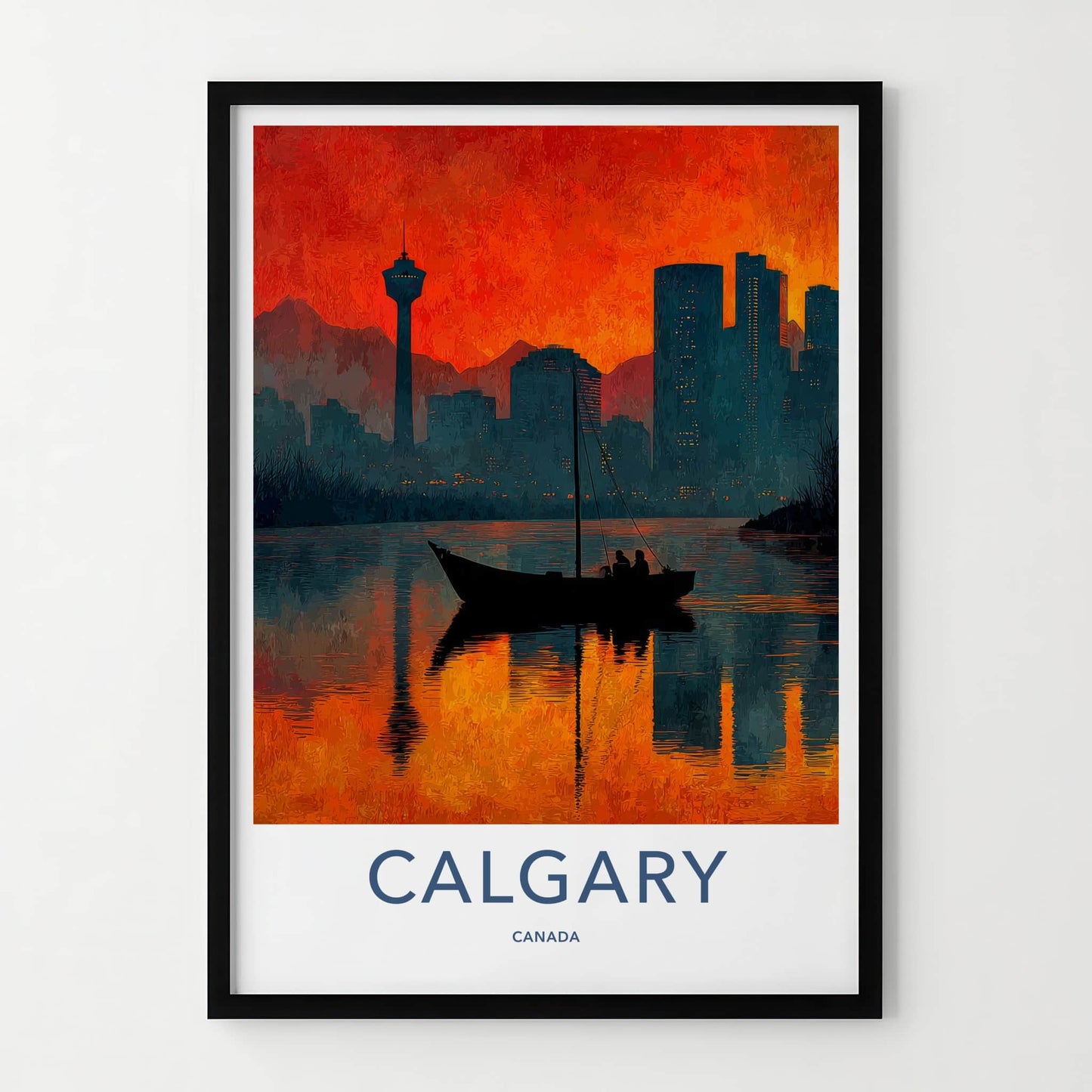 Calgary Poster - Canada Travel Art - Fiery Cityscape Boat Home Decor