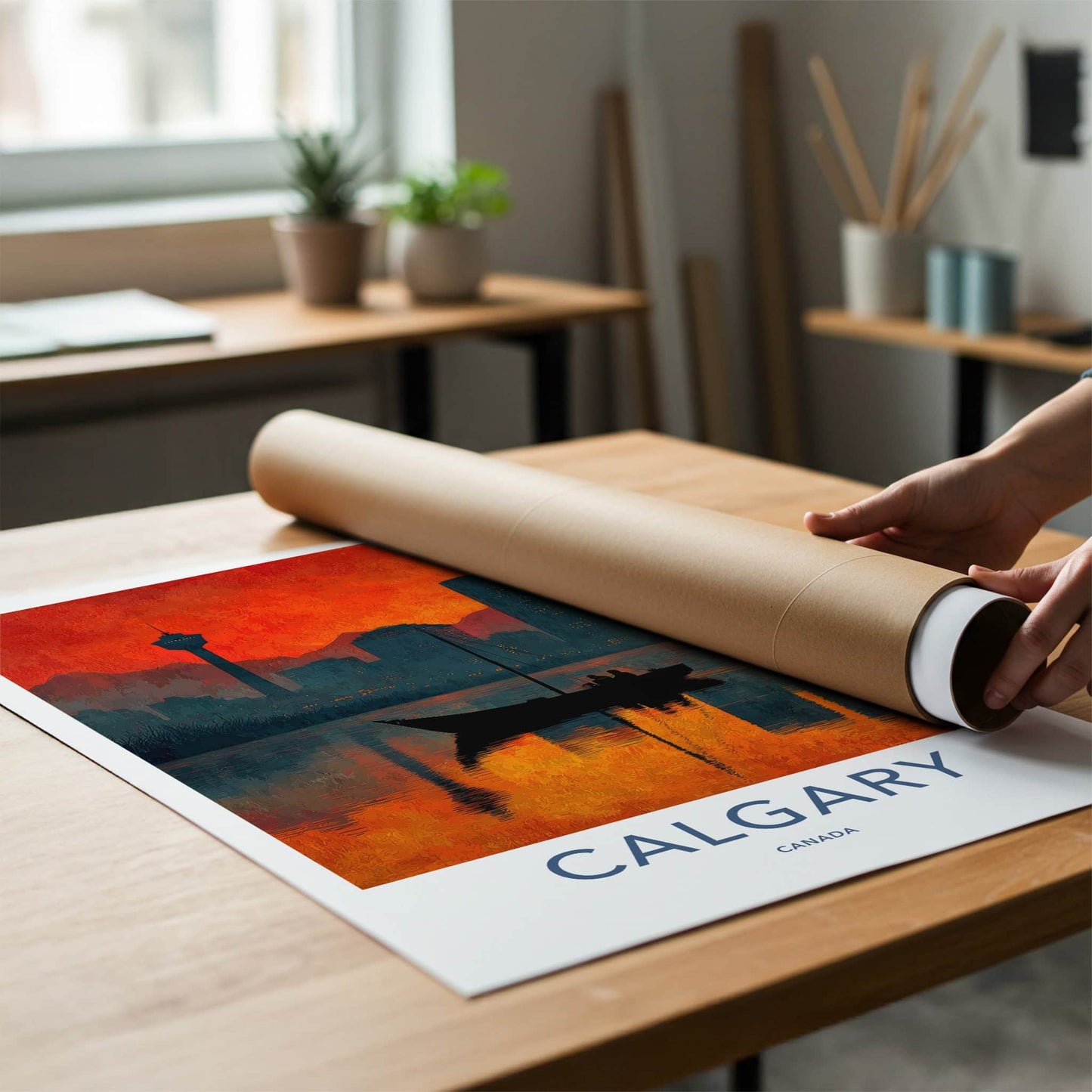 Calgary Poster - Canada Travel Art - Fiery Cityscape Boat Home Decor