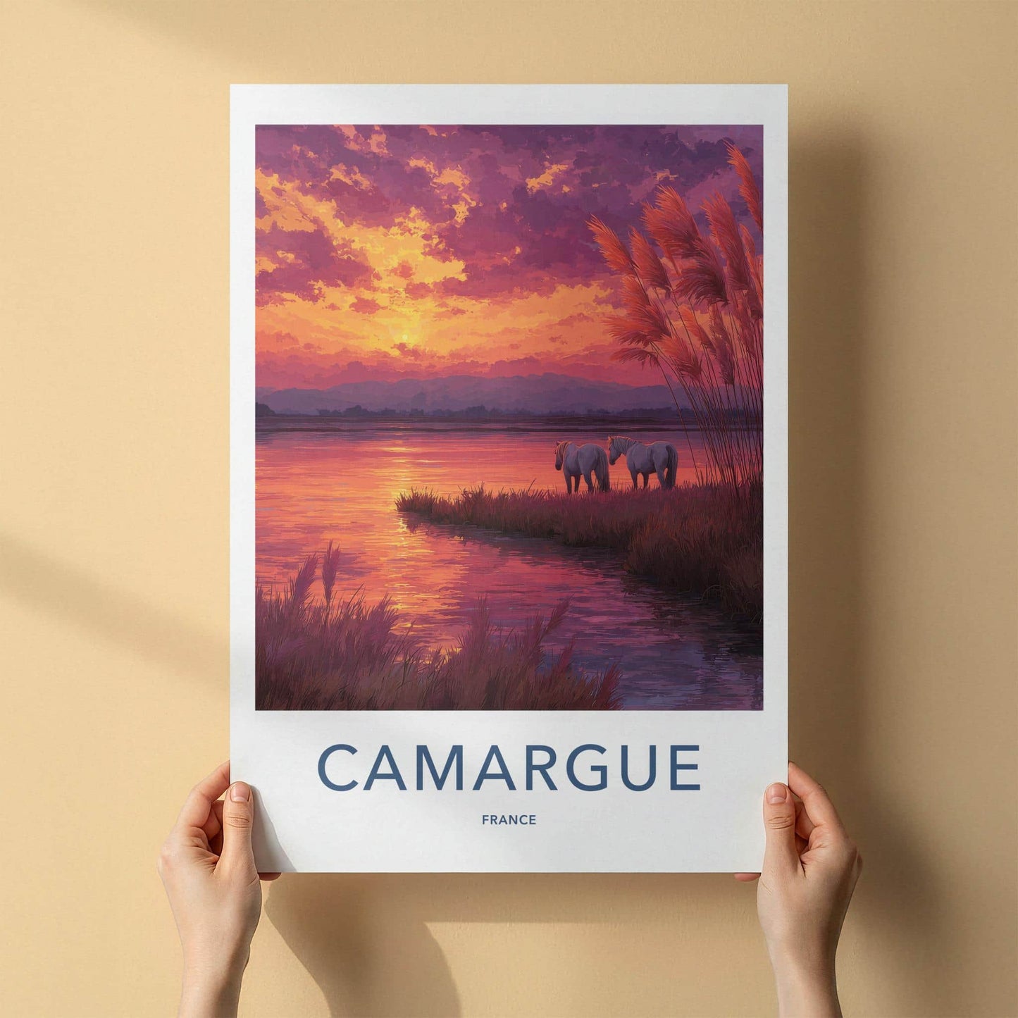 Camargue Poster - France Art Print - Horses Sunset Lake Wall Decor