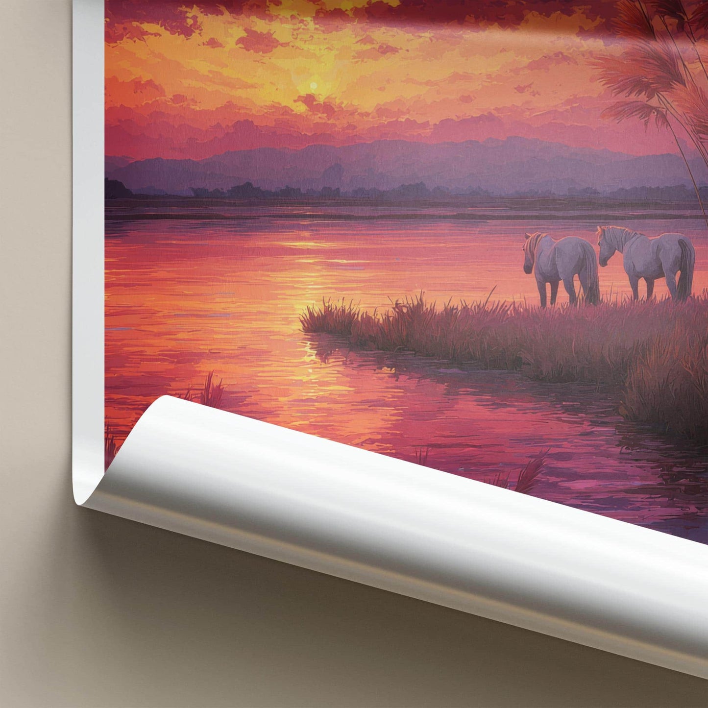 Camargue Poster - France Art Print - Horses Sunset Lake Wall Decor