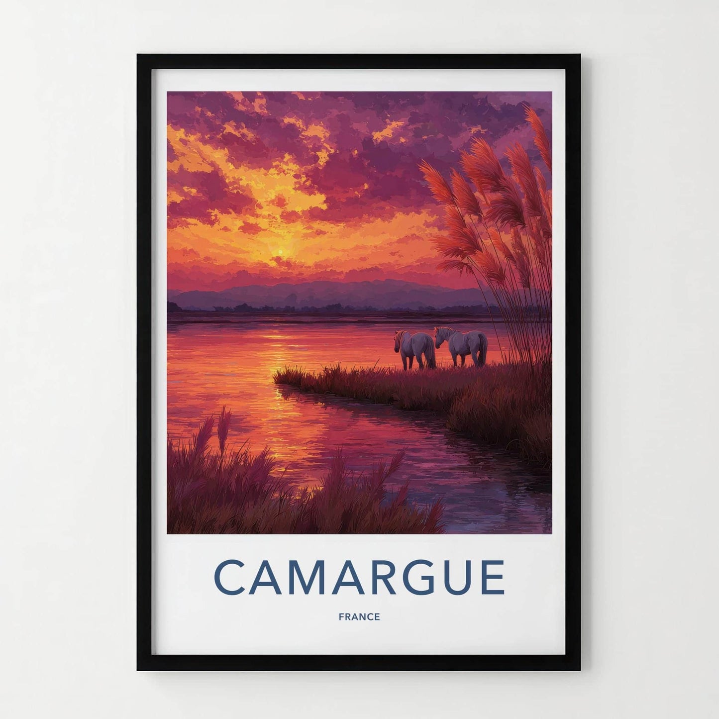 Camargue Poster - France Art Print - Horses Sunset Lake Wall Decor