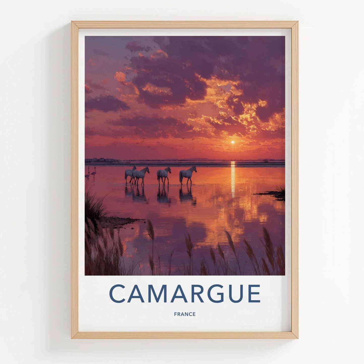 Camargue Poster - France Scenic Art - White horses sunset Wall Decor