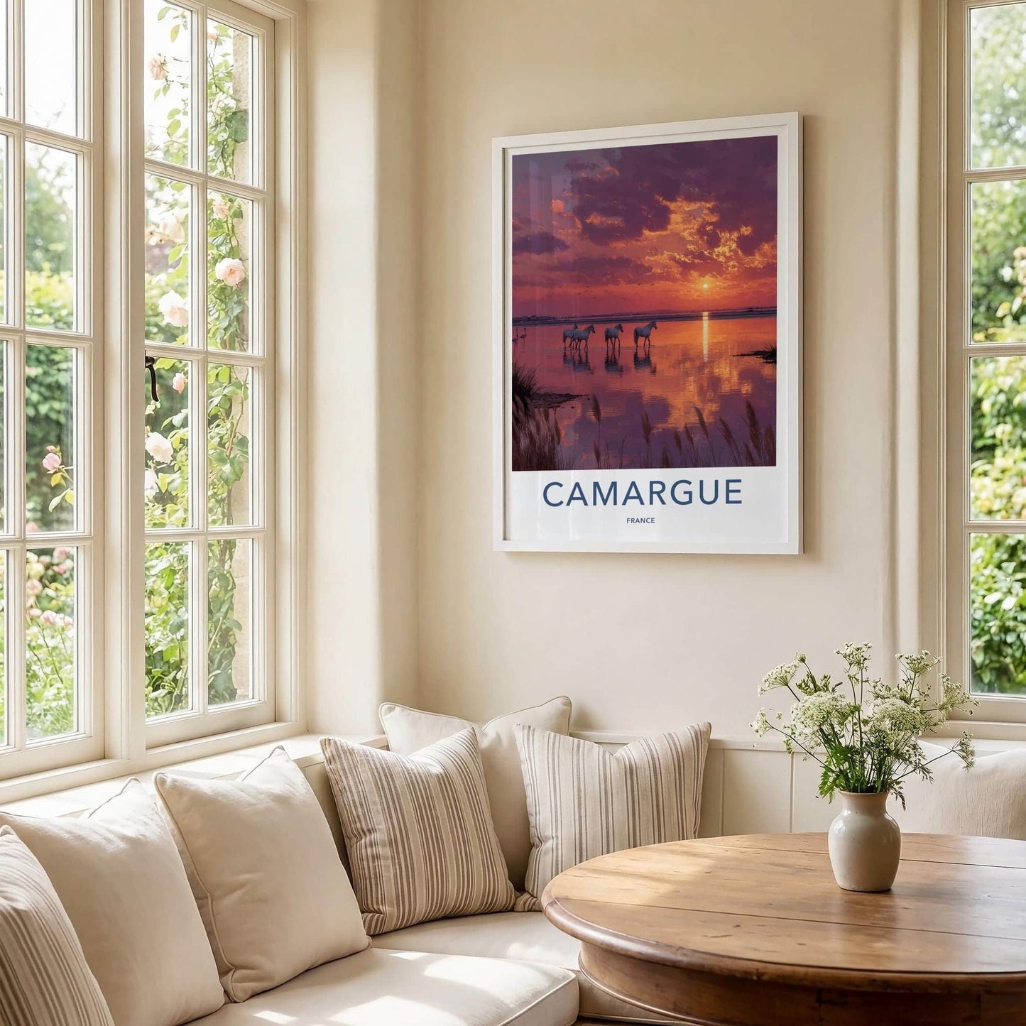 Camargue Poster - France Scenic Art - White horses sunset Wall Decor