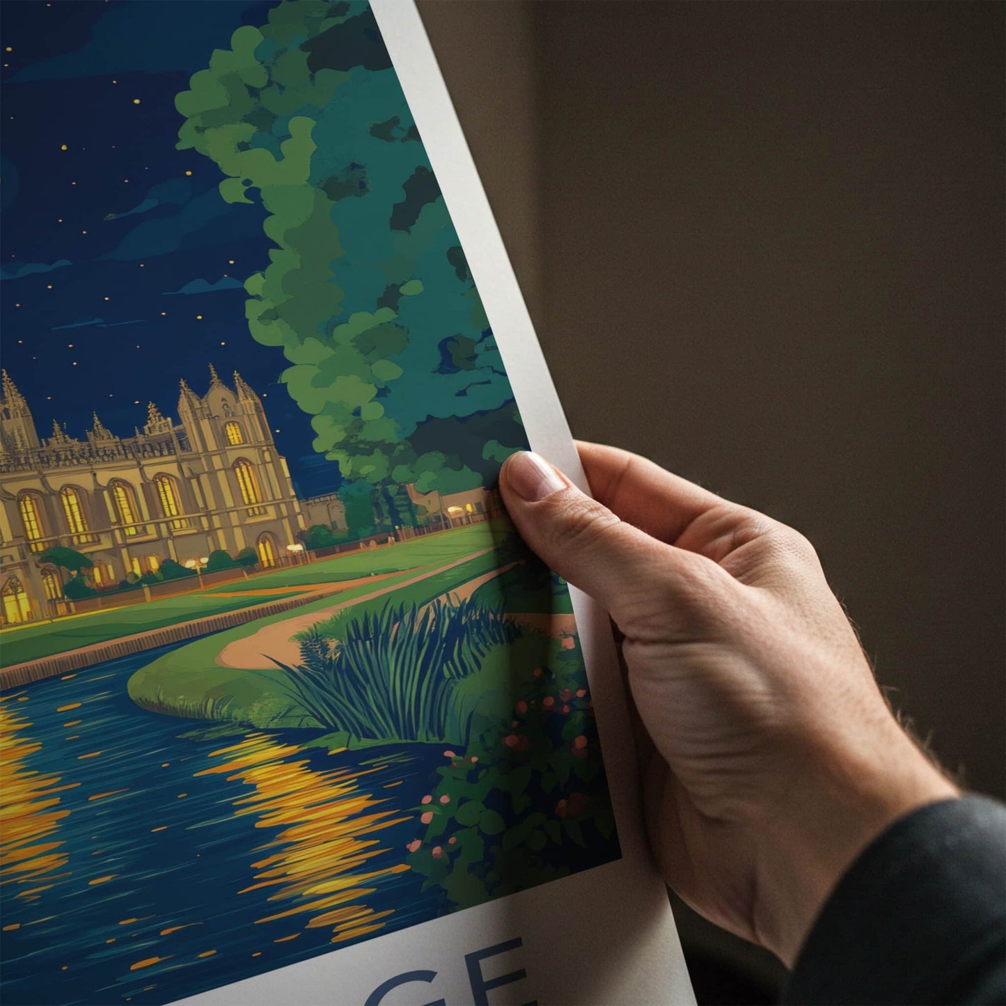 Cambridge Poster - England Travel Art - Moonlit Cathedral River Home Decor