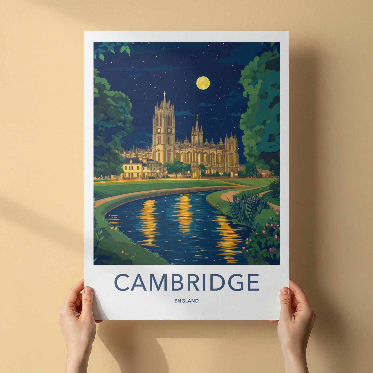 Cambridge Poster - England Travel Art - Moonlit Cathedral River Home Decor