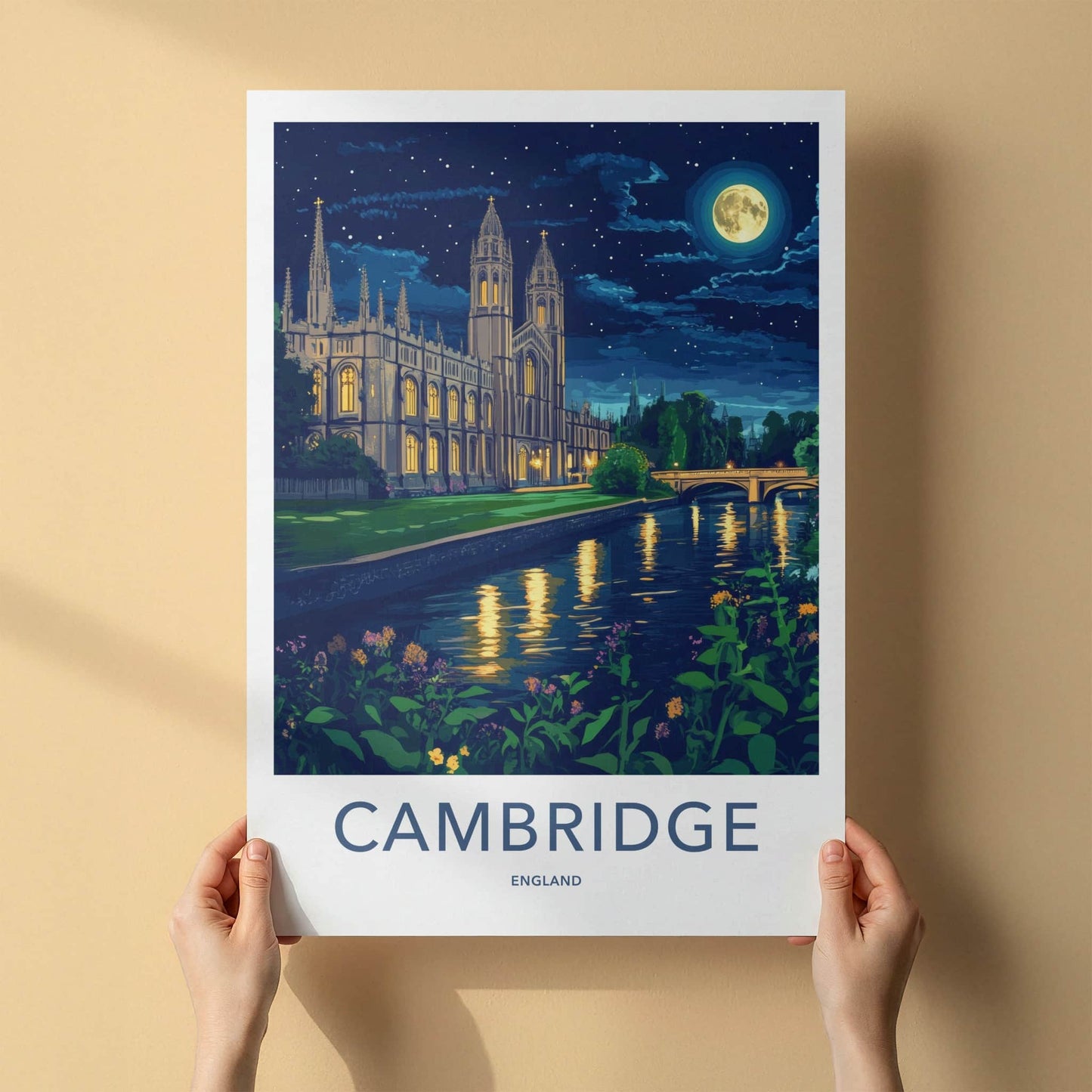 Cambridge Poster - England Travel Art - Moonlit River College Wall Decor