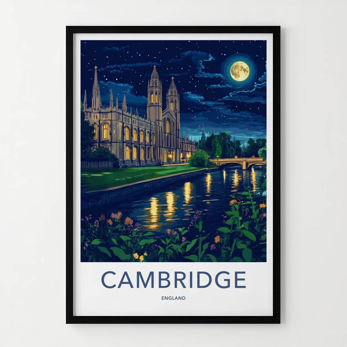 Cambridge Poster - England Travel Art - Moonlit River College Wall Decor