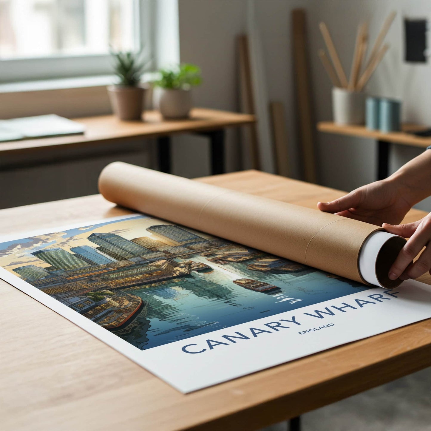 Canary Wharf Poster - England Travel Art - Skyscraper Waterfront View Home Decor
