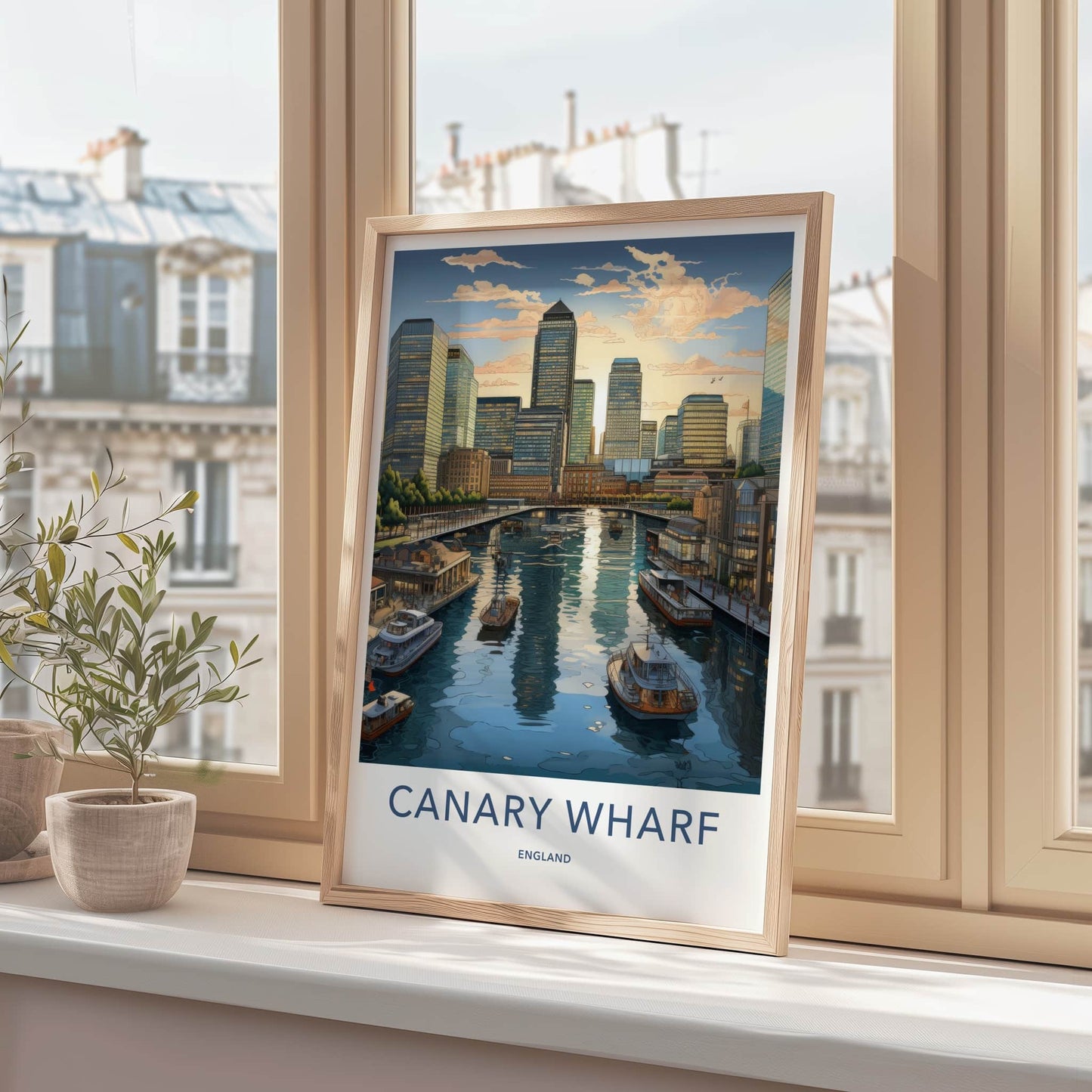 Canary Wharf Poster - England Travel Art - Urban Waterfront Sunset Wall Decor