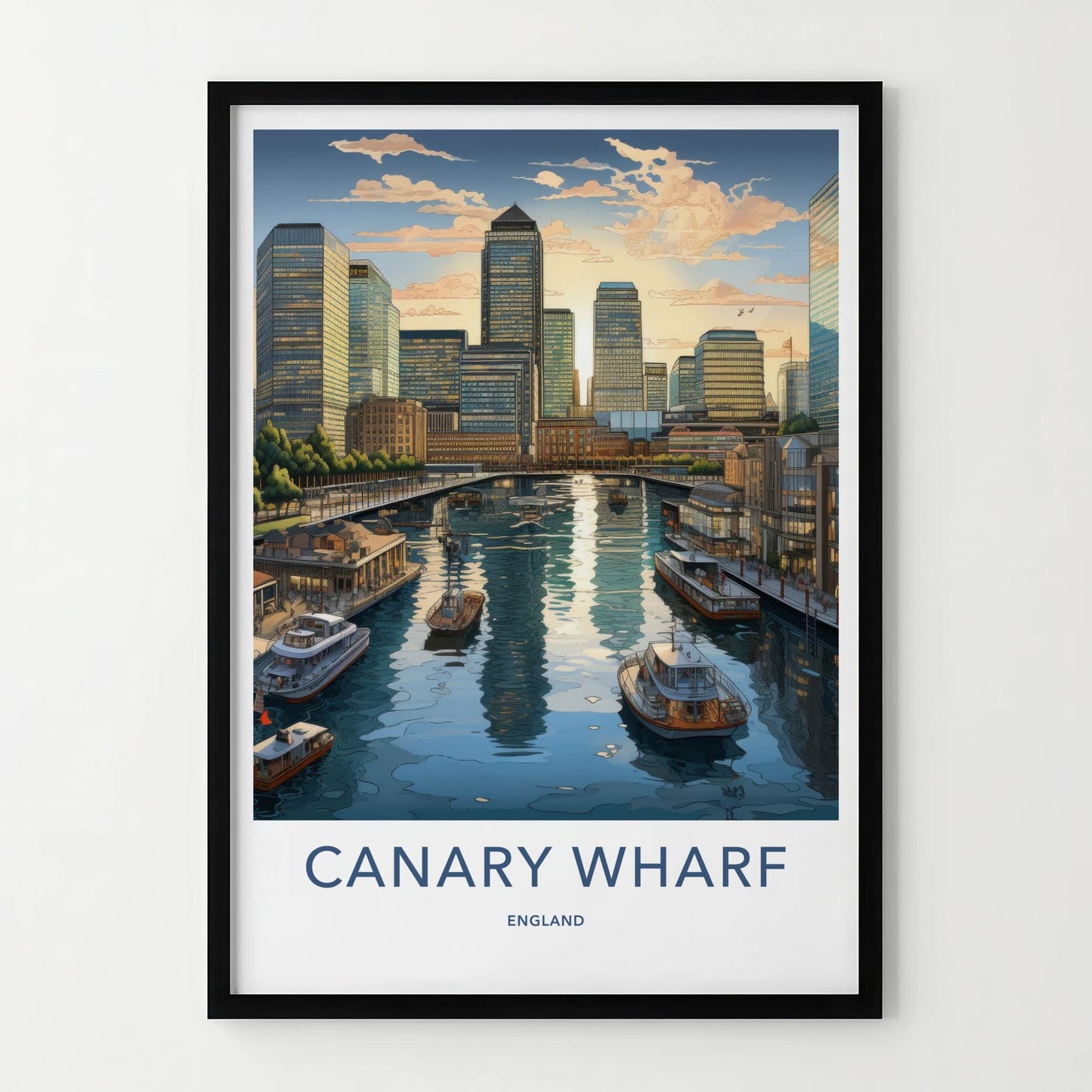 Canary Wharf Poster - England Travel Art - Urban Waterfront Sunset Wall Decor