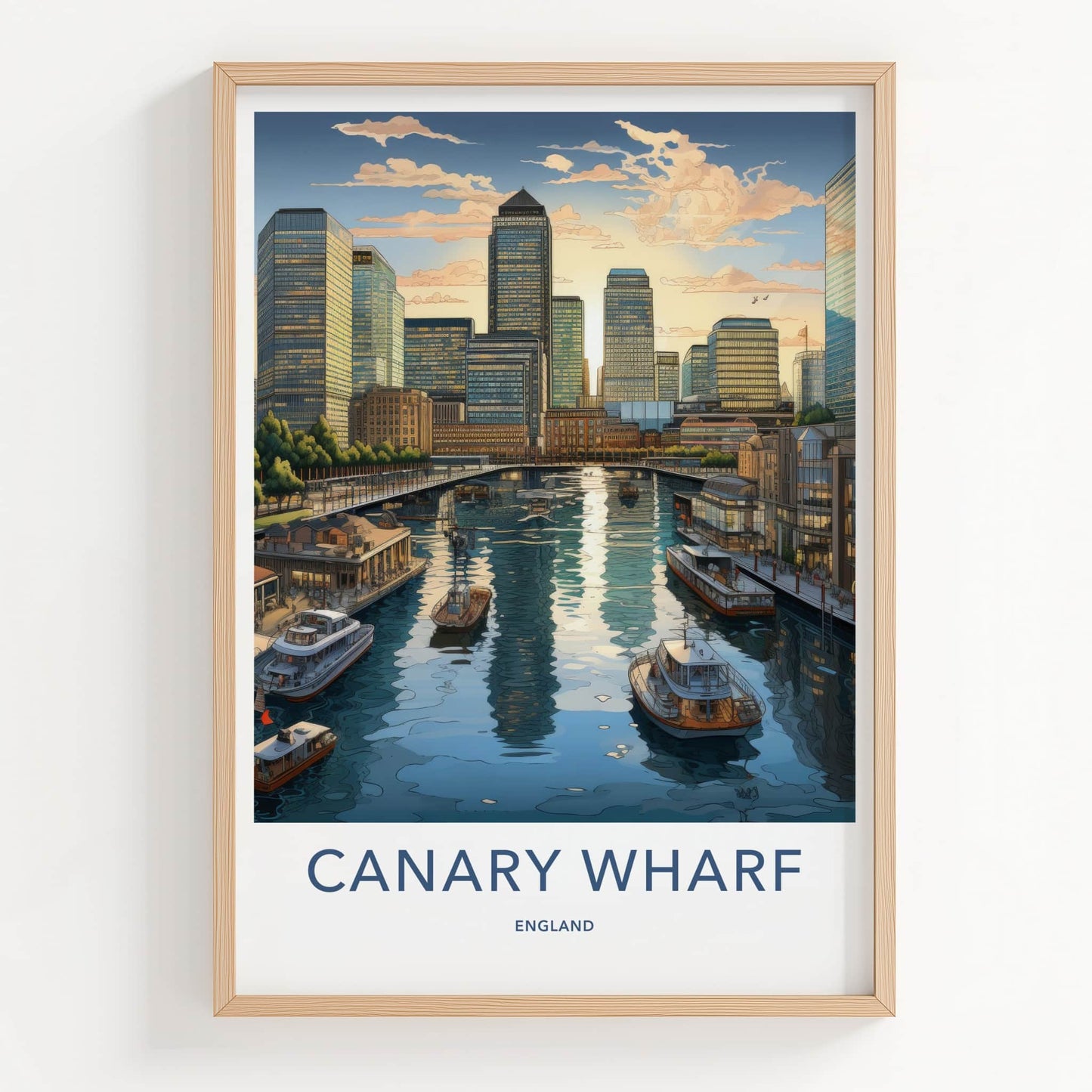 Canary Wharf Poster - England Travel Art - Urban Waterfront Sunset Wall Decor