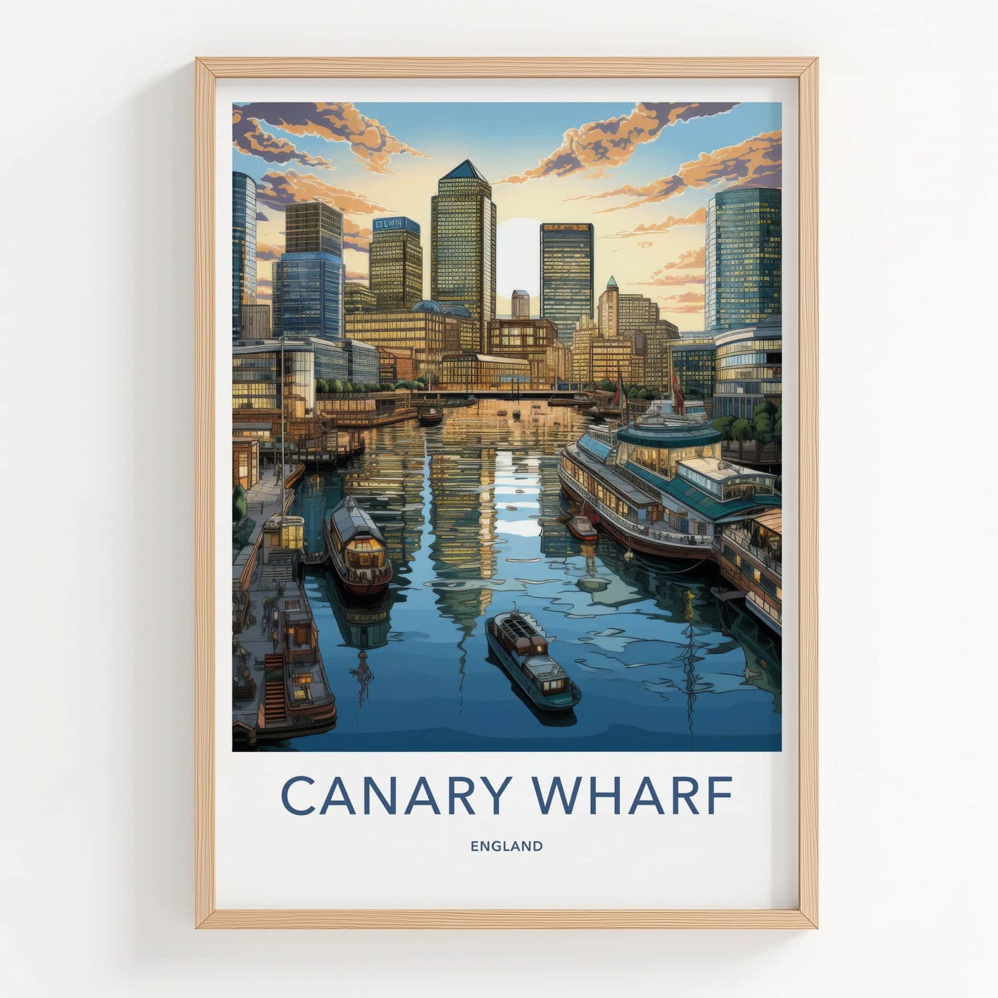 Canary Wharf Poster - England Travel Art - Waterfront Sunset Skyline Wall Decor