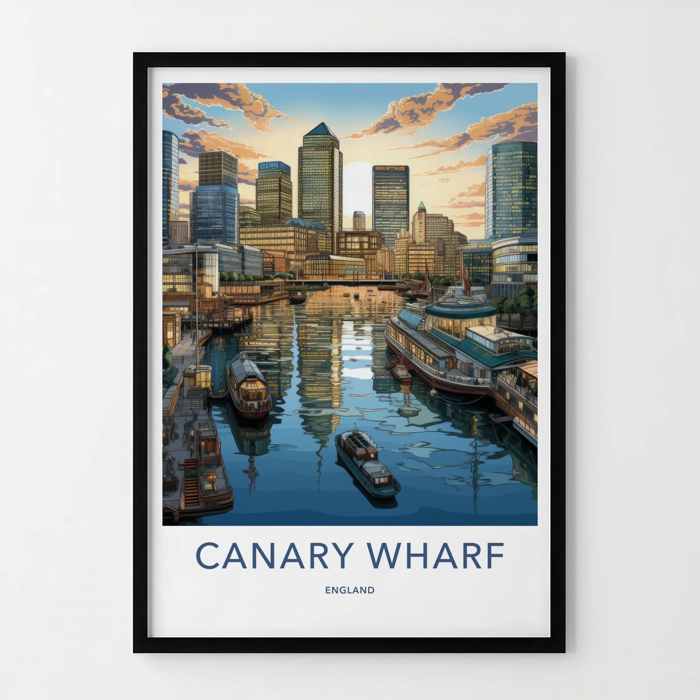 Canary Wharf Poster - England Travel Art - Waterfront Sunset Skyline Wall Decor