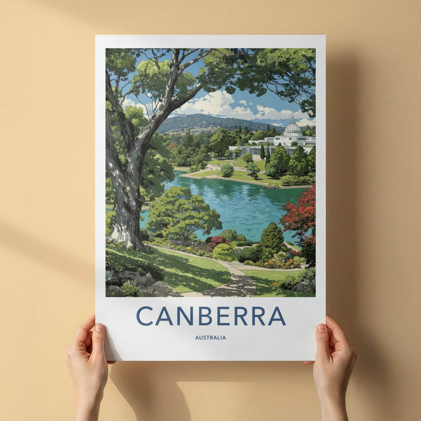 Canberra Poster - Australia Travel Art - Lakeside landmark view Home Decor
