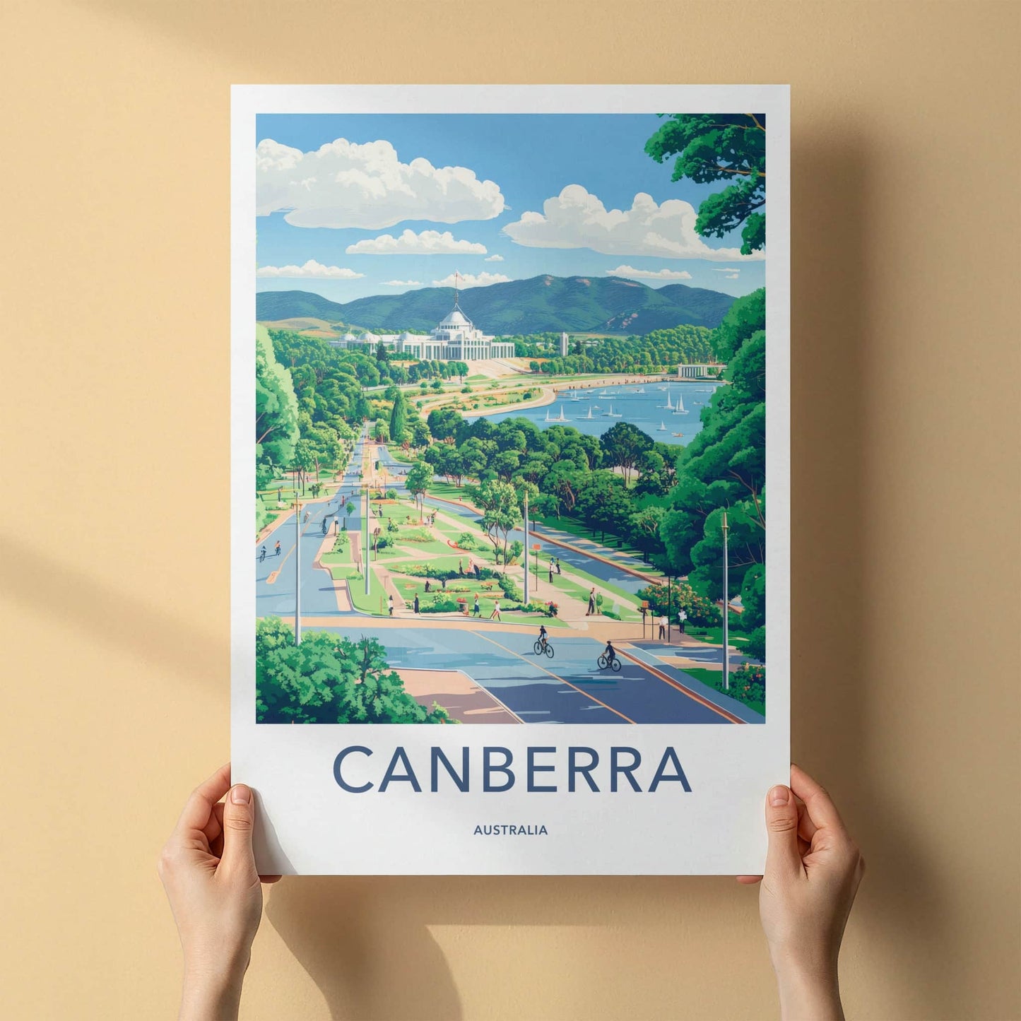 Canberra Poster - Australia Travel Art - Parliament Lake Boats Home Decor