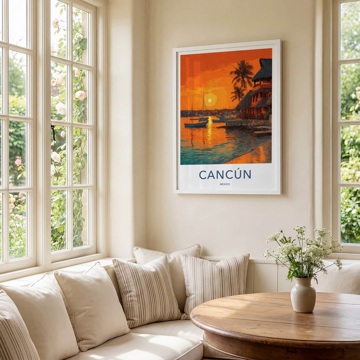 Cancun Poster Mexico Boats Coastal Sunset Art Print Home Decor