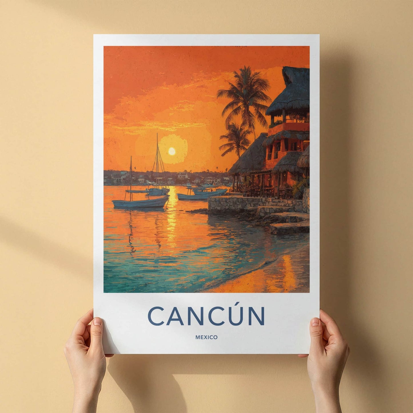 Cancun Poster Mexico Boats Coastal Sunset Art Print Home Decor