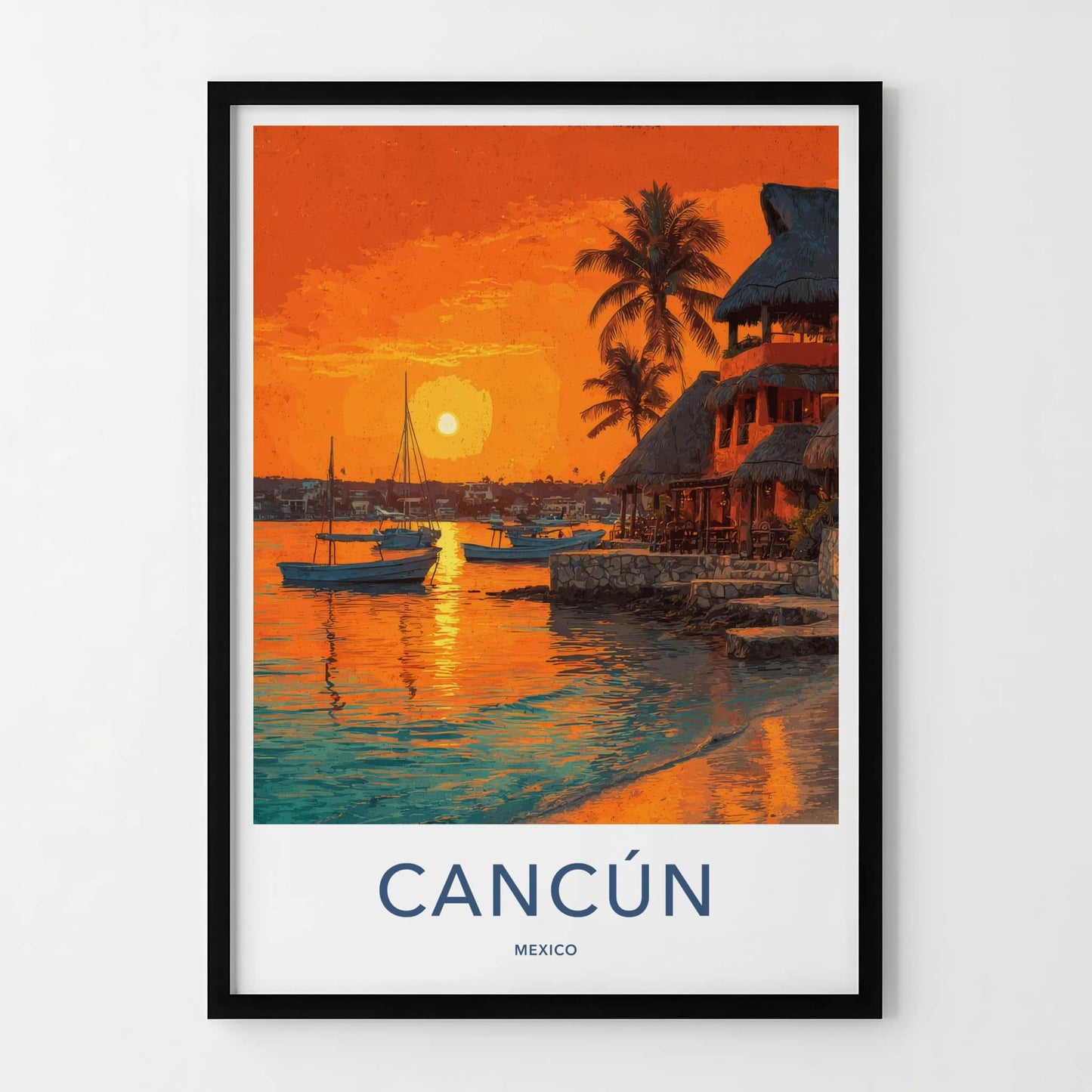 Cancun Poster Mexico Boats Coastal Sunset Art Print Home Decor