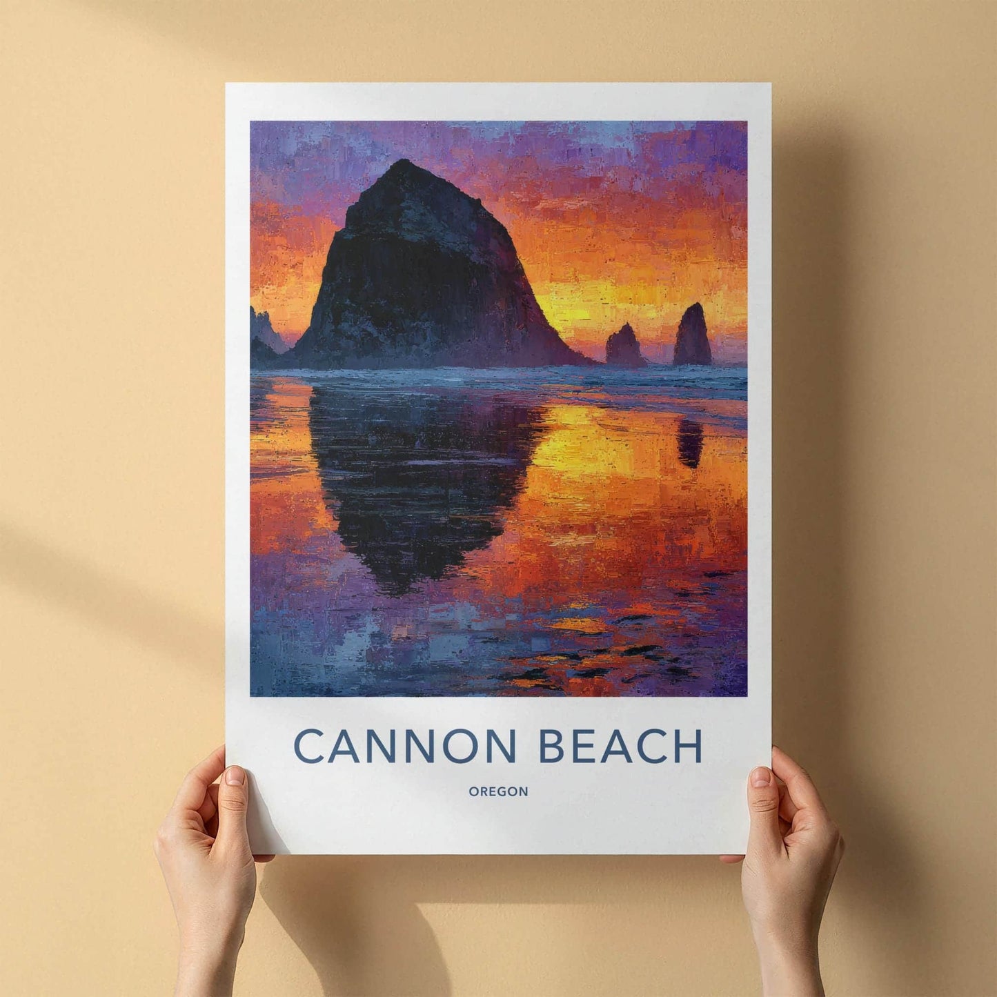 Cannon Beach Poster - Oregon Scenic Art - Impasto Sunset Seascape Wall Decor