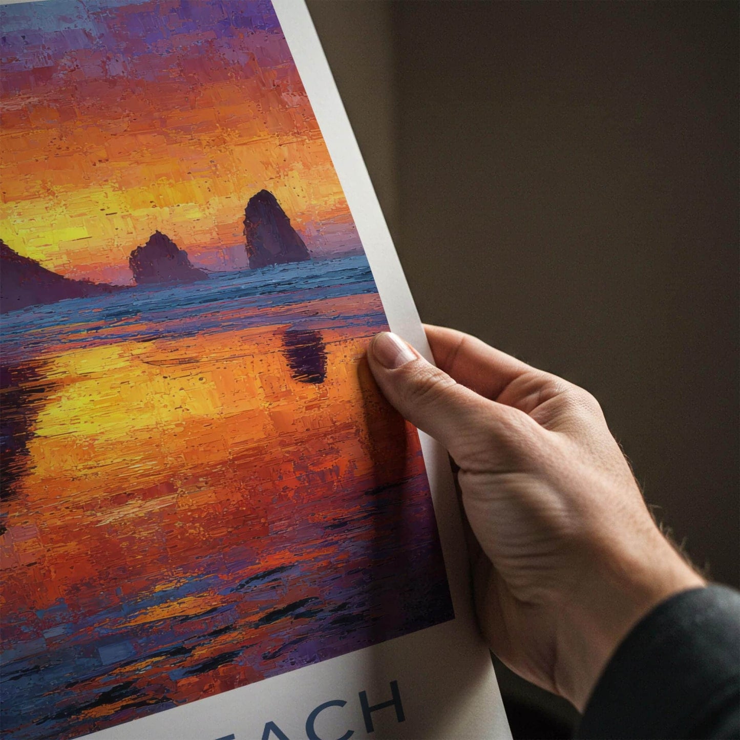 Cannon Beach Poster - Oregon Scenic Art - Impasto Sunset Seascape Wall Decor