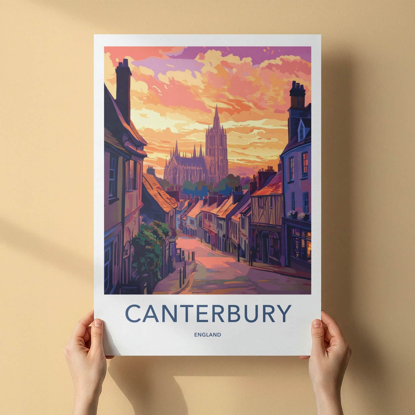 Canterbury Poster - England Travel Art - Cathedral Hillside Sunset Wall Decor